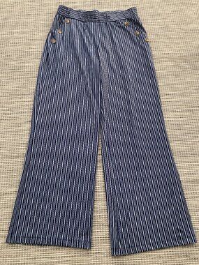 Robert Louis Navy White Striped Wide Leg Pull On Pant  Large